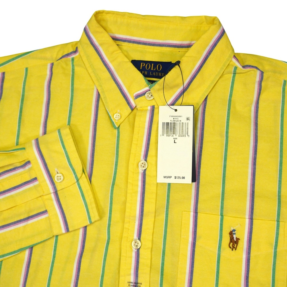 NEW Polo Ralph Lauren Button Down Shirt Mens L Oxford Classic Fit Yellow Striped
